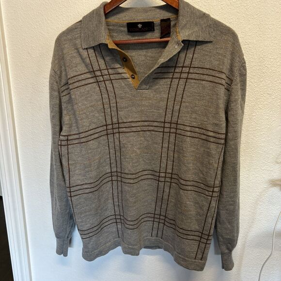 Mens Toscano Button Collar Polo Sweater Large Plaid Gray 100% Wool Made in Italy - Picture 5 of 14